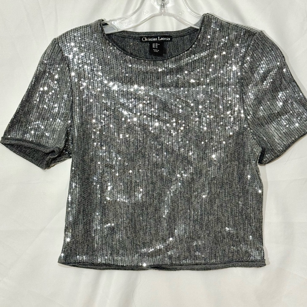 Christian Lacroix Metallic Silver Short Sleeve Lined Sequin Crop Top Size XS
